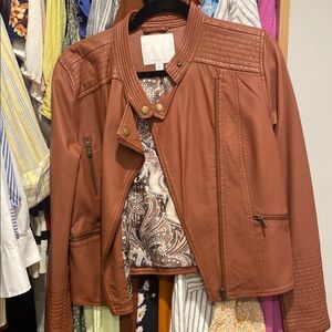 Anthropologie Brown Leather Moto Jacket with Quilted Shoulders